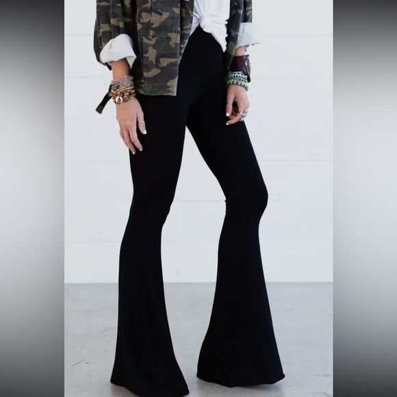 002 - Cher Solid Black Raw Edge Flared Women's Pant - Picture 3 of 4